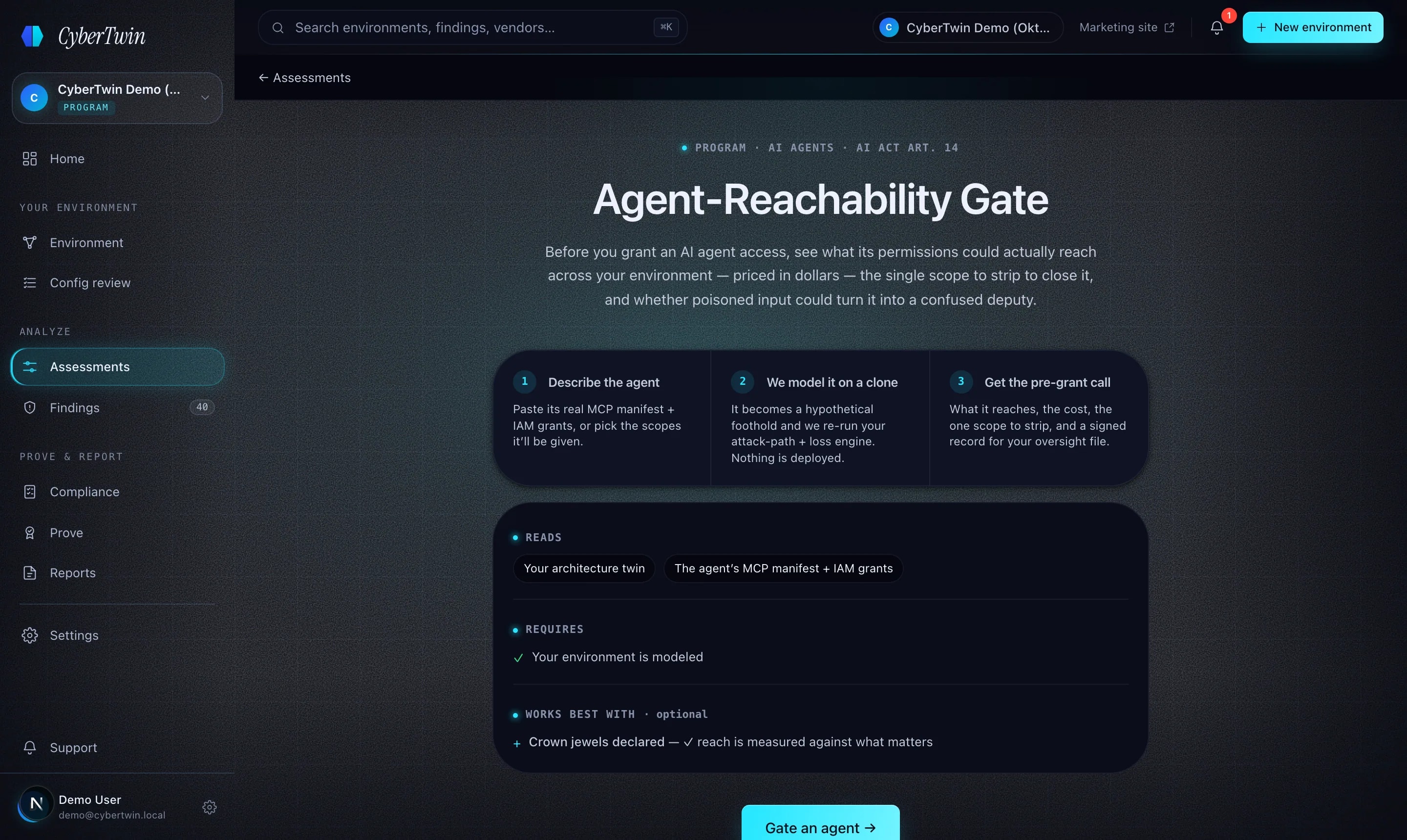 The Agent-Reachability Gate surface — declared agent scopes checked against the modeled twin before rollout.