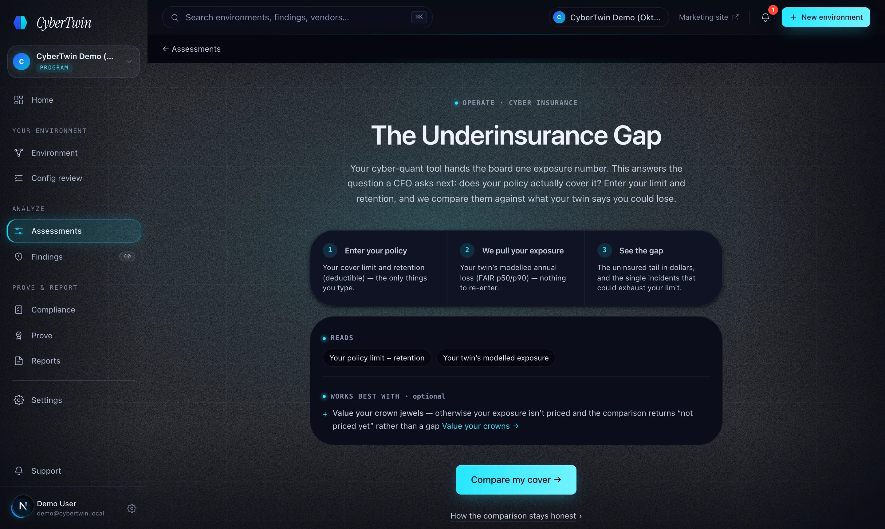 The underinsurance surface — declared policy terms against modeled exposure, gap made visible.