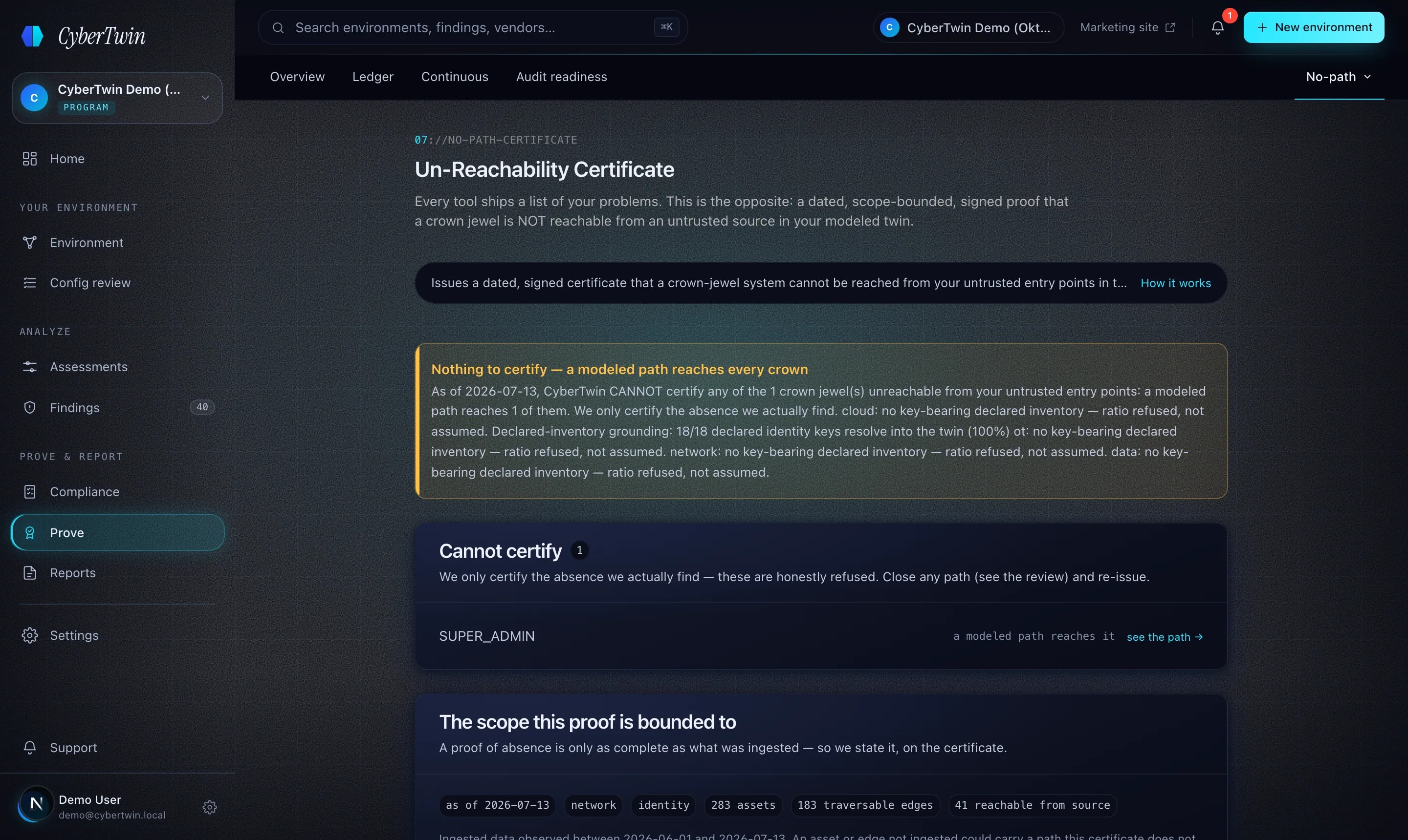 The Un-Reachability Certificate surface honestly refusing to certify — a modeled path reaches the crown, so the engine shows the path to cut instead of issuing the proof.